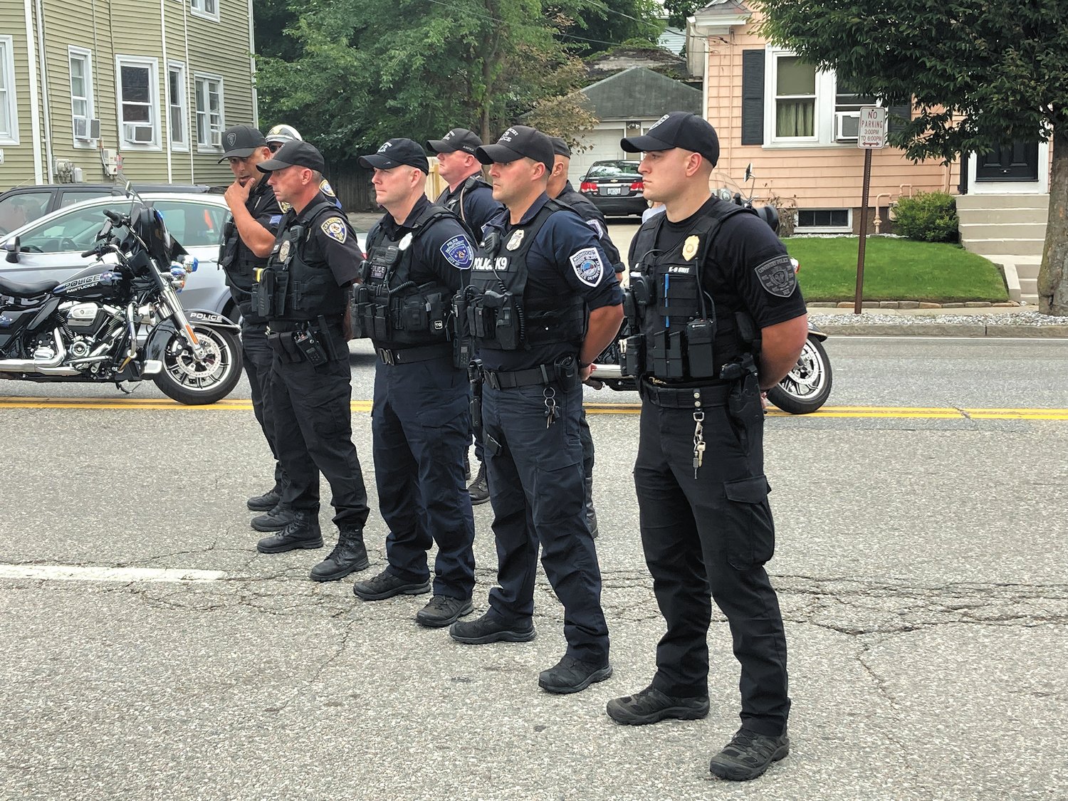 K-9 UNITS: K-9 units from Cranston, Coventry and Woonsocket paid their respects for K-9 Lex outside the Cranston Police Department headquarters on Monday. (Herald photo)